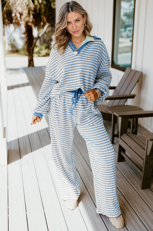 Striped Johnny Collar Pullover Drawstring Wide Leg Pant Set